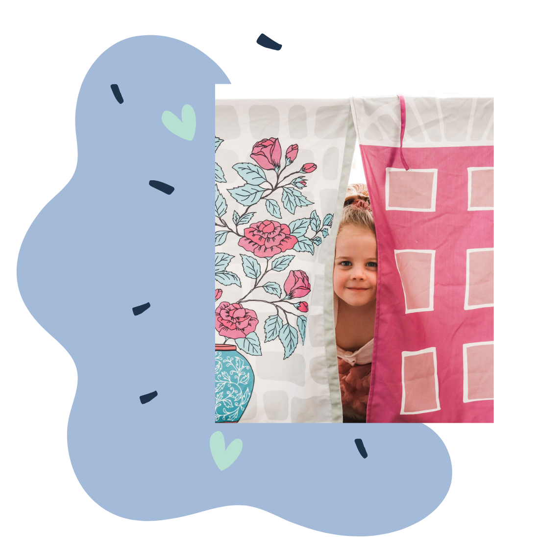 Image of small child peeking from behind the door of Petite Maison Play Home Sweet Home Table Tent cubby