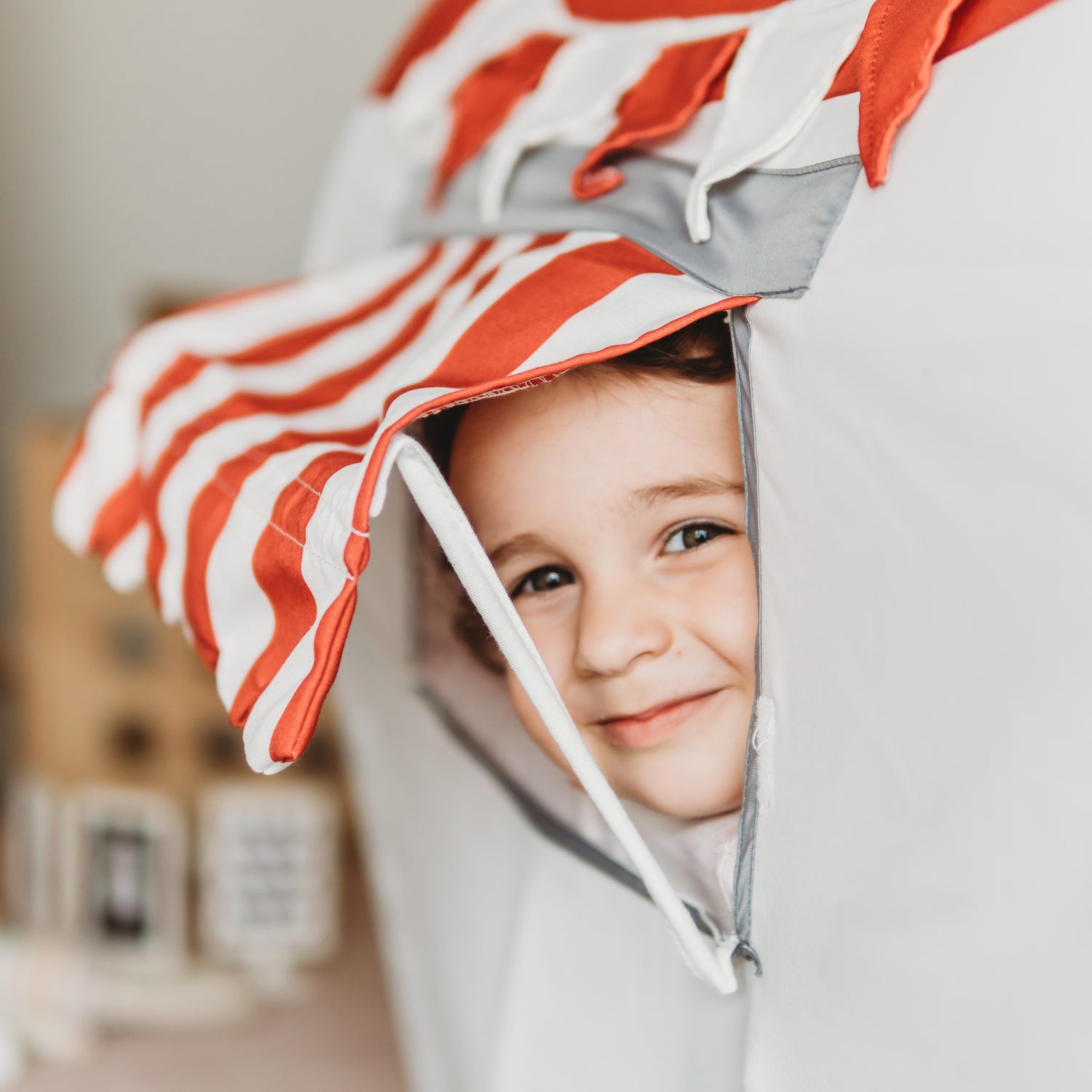 Image of small child smiling from window of Petite Maison Play Pop up camper cubby